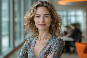 portrait of young confident woman, start-up manager in office, posing with confidence, looking self-assured, wearing casual, informal clothes
