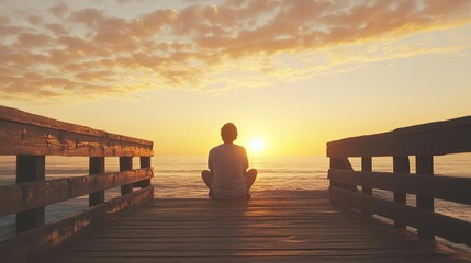A person sitting at the edge of a pier, gazing at the ocean horizon during sunset, contemplating life's freedom and possibilities.
