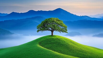 A lone tree on a misty hill, half in shadow and half bathed in dawn light, symbolizing resilience and new beginnings