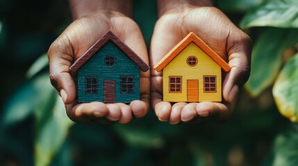 Two miniature wooden houses held in outstretched hands, one green and one yellow, against a backdrop of green foliage, symbolizing homeownership or the housing market.