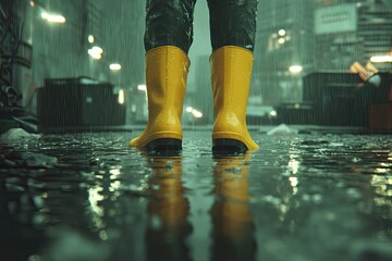 A person wearing rain boots standing in the water during an outdoor flooding
