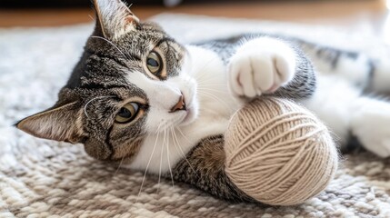 A playful cat lying on a rug with a ball of yarn, showcasing its curiosity and playfulness.