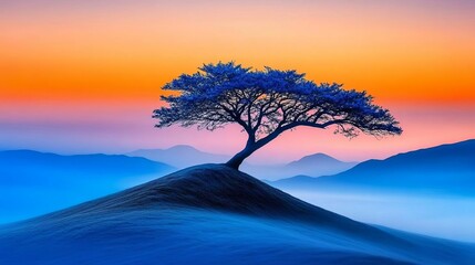 A lone tree on a misty hill, half in shadow and half bathed in dawn light, symbolizing resilience and new beginnings