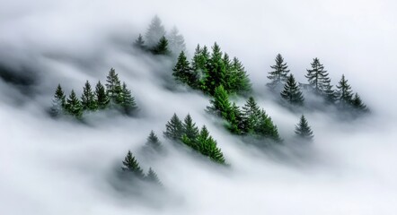 Obraz premium Mystical forest in fog a serene landscape of evergreen trees emerging from mist