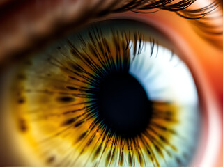 close-up view of a human eye featuring a vibrant yellow iris, highlighting intricate details and textures