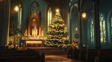 Fototapeta premium A beautifully decorated Christmas tree standing next to the altar in a small church, with lights and ornaments.