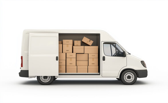 A white delivery van with its side door open reveals a stack of cardboard boxes, emphasizing transport and logistics.