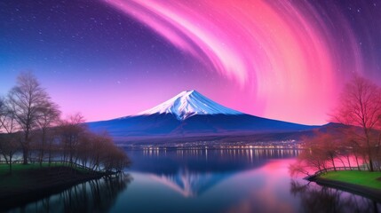 Serene Night Scene with Majestic Mountain and Rainbow Arch