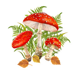 Mushrooms and leaves watercolor composition