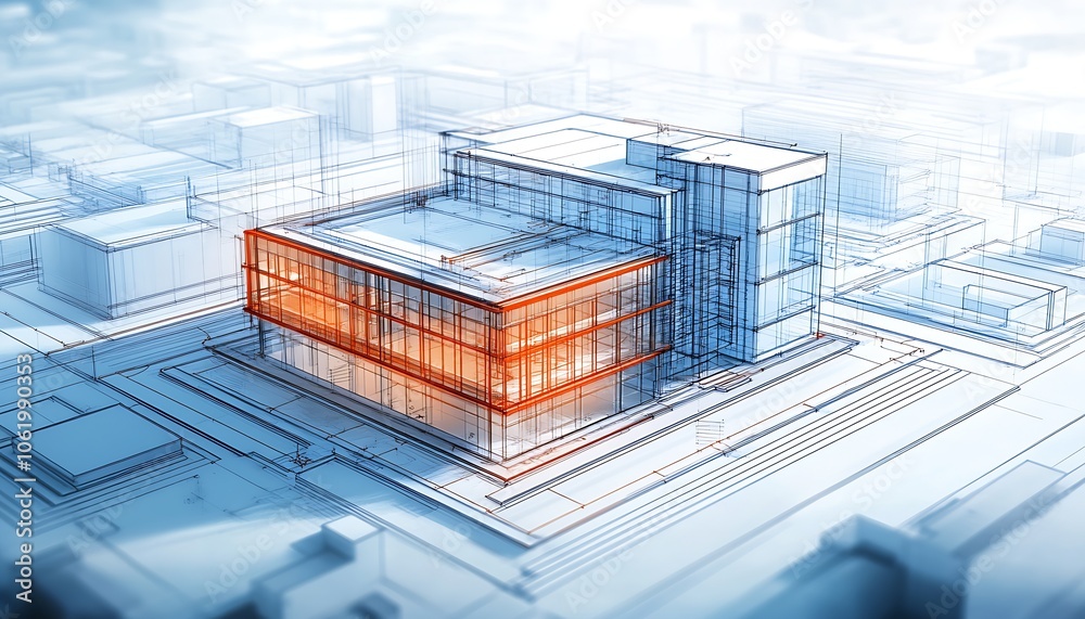 Poster Futuristic Architectural Blueprint of a Modern Urban Building Prototype Design : Generative AI