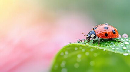 Obraz premium Ladybug on petal with raindrops, intense focus on shell and droplets, bright color contrast, soft background, fresh nature