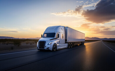  A large white truck drives down an empty highway at sunset, symbolizing freight transportation and long-haul trucking.
