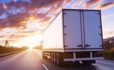  A large white truck drives down an empty highway at sunset, symbolizing freight transportation and long-haul trucking.

