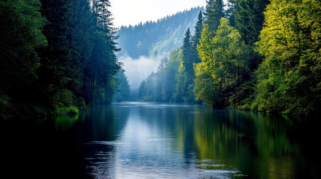 Serene river landscape celebrating international rivers day with lush forest reflections - Powered by Adobe