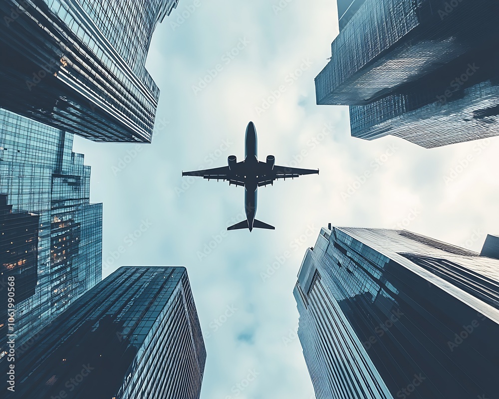 Poster modern cityscape with airplane silhouette capturing urban mobility and dynamic skies : generative ai