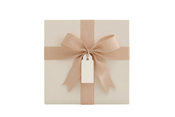 Elegant gift box with a beige ribbon and blank tag on a white background, perfect for celebrations, holidays, and special occasions.