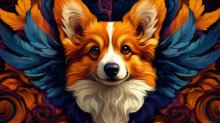 Orange Furry Dog with Blue Feathers Illustration