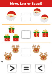 Christmas activity sheet. Comparison Worksheet with Cute Christmas Illustration for Kids. Counting Games for Preschoolers. More or Less Worksheet for Kindergarten.	