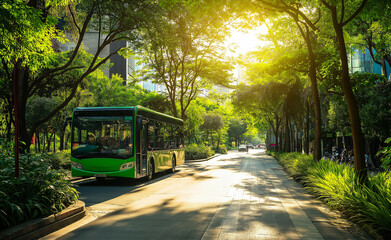 Obraz premium A green bus travels down a tree-lined city street on a sunny day, representing eco-friendly urban transportation.