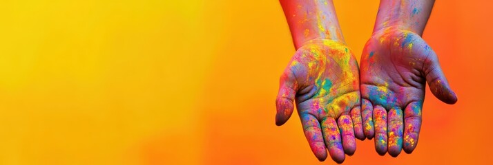 Holi festival celebration with colorful painted hands on yellow gradient background. Horizontal banner. Copy space. Festival of colors, love, and spring