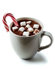 Close-up of a black mug with hot chocolate, featuring a melted marshmallow and a candy cane for a warm, festive touch.