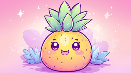 Adorable kawaii pineapple character with a cheerful expression set against a pastel pink background