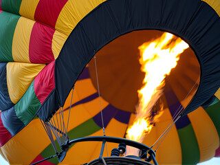 Obraz premium hot air balloon with flames erupting from its burner, soaring against a clear blue sky