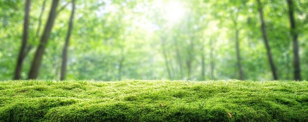 Fototapeta premium Mosscovered forest floor, sunlight creating a dappled effect, vibrant ecosystem and photosynthesis in progress