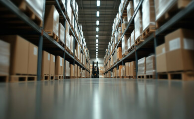 Fototapeta premium A forklift moves boxes in a spacious warehouse, surrounded by shelves filled with packages under soft lighting.