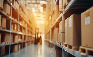 A forklift moves boxes in a spacious warehouse, surrounded by shelves filled with packages under soft lighting.