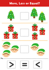 Fototapeta premium Christmas activity sheet. Comparison Worksheet with Cute Christmas Illustration for Kids. Counting Games for Preschoolers. More or Less Worksheet for Kindergarten. 