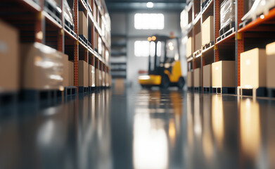 A forklift moves boxes in a spacious warehouse, surrounded by shelves filled with packages under soft lighting.