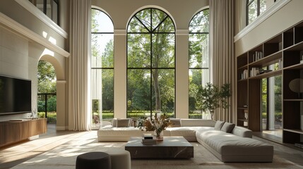 Elegant living room design with high ceilings and large windows