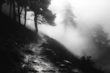 Misty path leading through the forest, mystical ambience