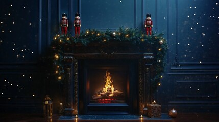 Obraz premium Classic fireplace with nutcrackers and green garland, isolated on a midnight blue background with twinkling lights