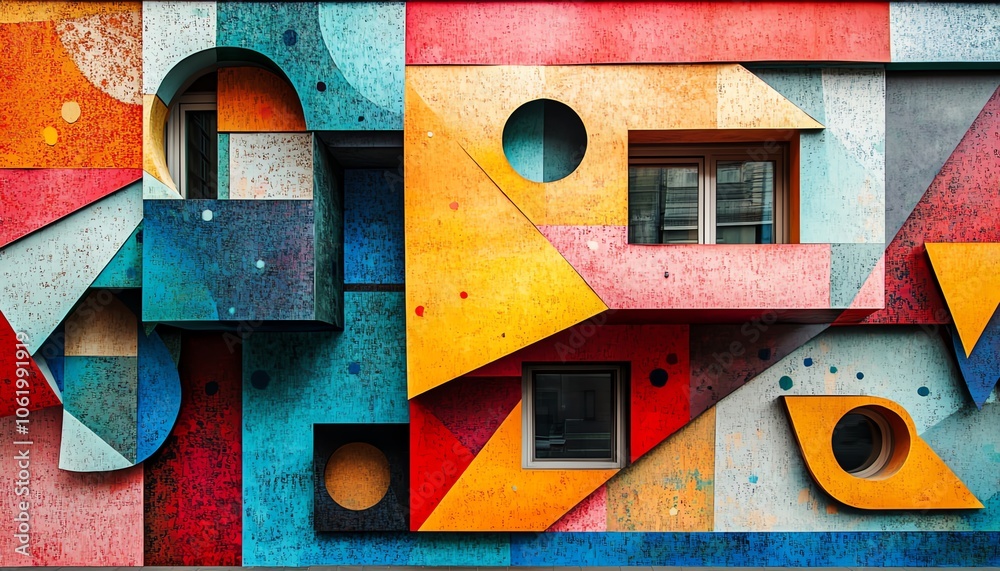 Aufkleber Bold abstract house design using paper collage techniques, emphasizing geometric forms and a colorful palette for a trendy appeal