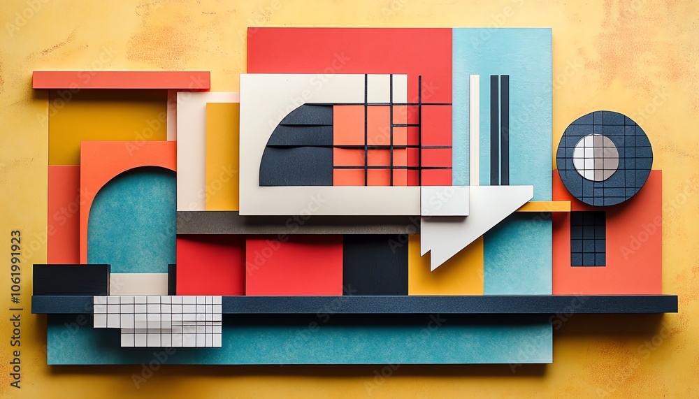 Poster Bold abstract house design using paper collage techniques, emphasizing geometric forms and a colorful palette for a trendy appeal
