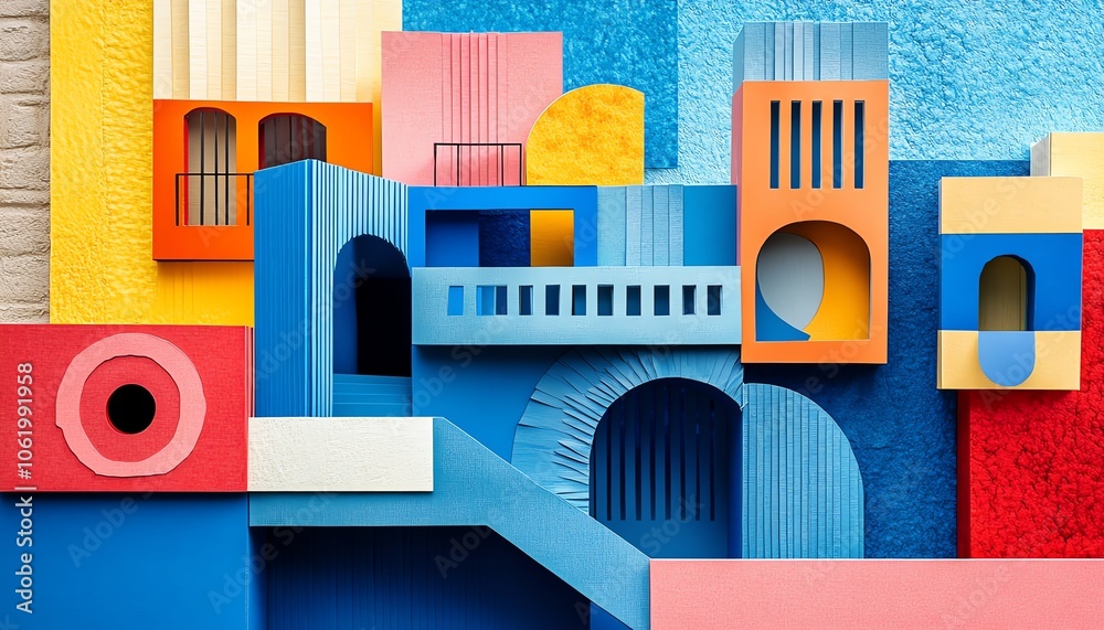 Poster Bold abstract house design using paper collage techniques, emphasizing geometric forms and a colorful palette for a trendy appeal