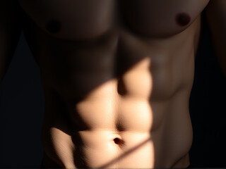 well-defined man's torso illuminated by soft light, highlighting the contours and muscles of his physique