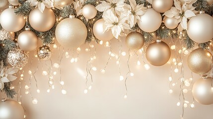 Charming gold Christmas ornaments and pine garland with sparkling lights : Generative AI