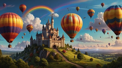 Fototapeta premium A majestic castle perched atop a hill, surrounded by a vibrant array of hot air balloons soaring through a blue sky with a rainbow arching above