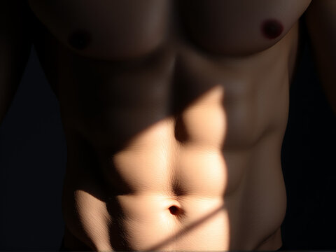 well-defined man's torso illuminated by soft light, highlighting the contours and muscles of his physique