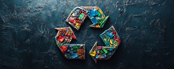 Creative design of a recycling symbol made from repurposed plastic materials, illustrating the concept of recycling in a modern context