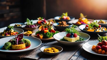 Various food dishes on table.diet food selection- health food assortment, tomatoes, organic