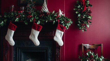 Fireplace decorated with holly, ivy, and white stockings, isolated on a dark red background with...