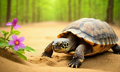 close up turtle crawling on sand next to flower
