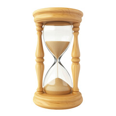 A traditional wooden hourglass filled with sand midway through, symbolizing the passage of time and timeless elegance against a plain background.