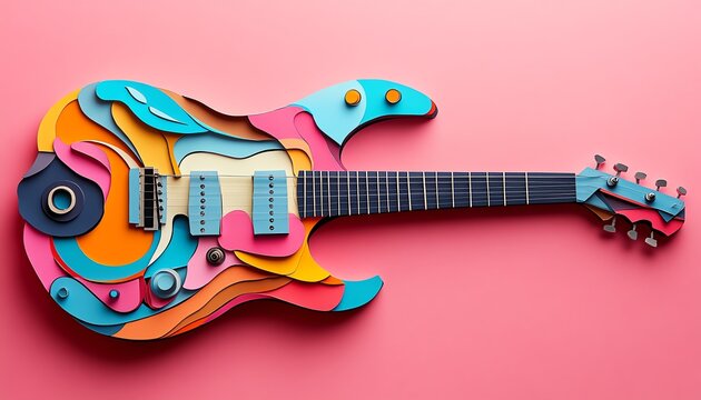 Creative illustration of a guitar made from paper collage, incorporating bold colors and abstract shapes for a trendy artistic expression
