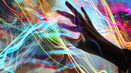 Obraz premium hand reaching out towards colorful abstract digital data streams, symbolizing interaction with technology and innovation. vibrant lines and patterns create dynamic visual experience