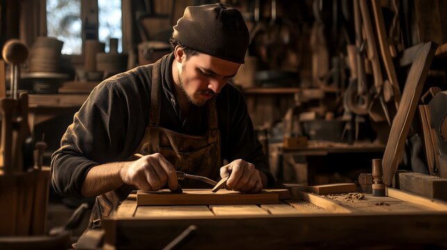 Mastering the craft a skilled artisan shaping wood in a rustic workshop with traditional tools and techniques
